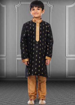 Black Readymade Kids Printed Kurta Churidar Set
