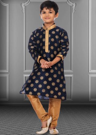 Navy Blue Kids Readymade Floral Printed Kurta Pajama Set