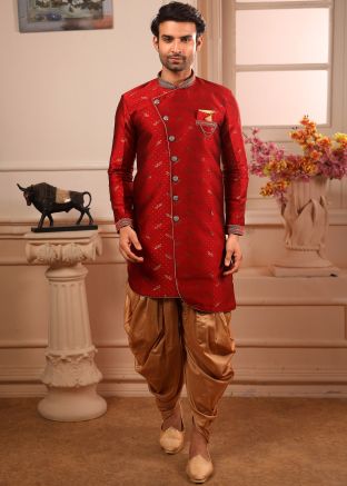 Maroon Art Silk Jacquard Indo Western Sherwani