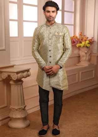 Asymmetric Art Silk Jacquard Green Indo Western Sherwani