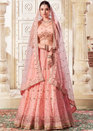 Peach Embroidered Lehenga Choli in Net