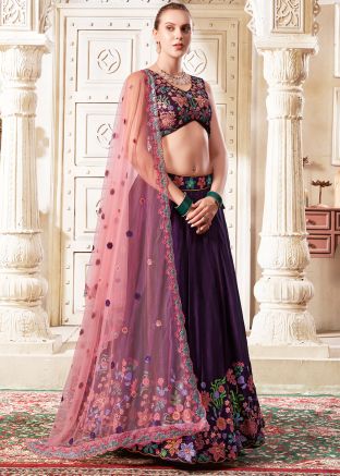 Purple Embroidered Silk Lehenga Choli