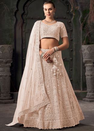 Cream Readymade Embroidered Net Lehenga Choli 