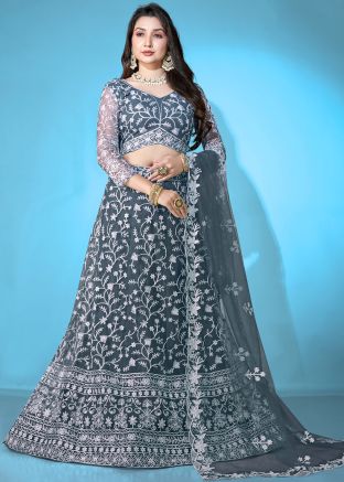 Dusty Grey Embroidered Net Lehenga Choli