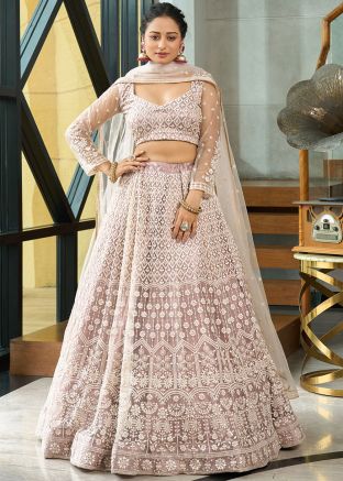Mauve Pink Embroidered Lehenga Choli In Net