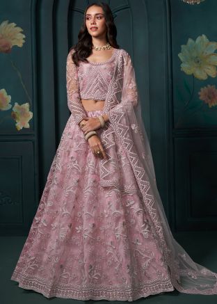 Dusty Pink Net Lehenga Choli In Thread Embroidery