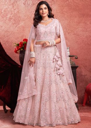 Pink Embroidered Readymade Net Lehenga Choli