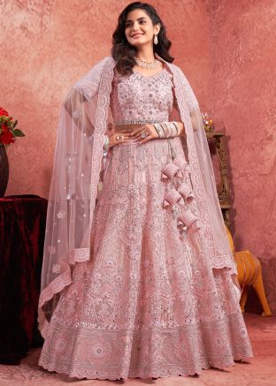 Pink Embroidered Readymade Lehenga Choli In Net