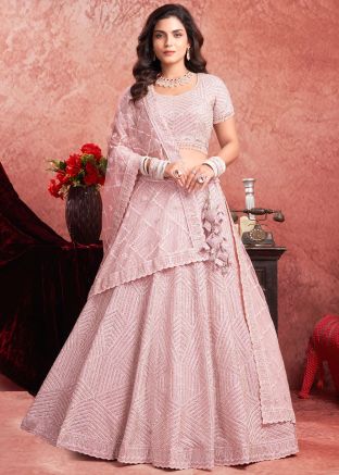 Pink Readymade Net Lehenga Choli In Embroidery