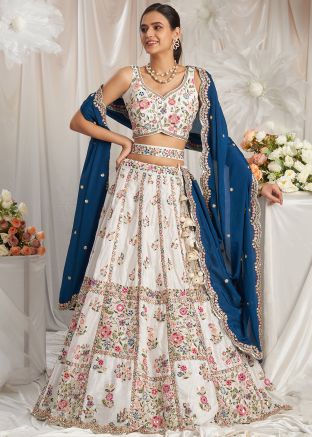 Cream Embellished Lehenga Choli With Dupatta