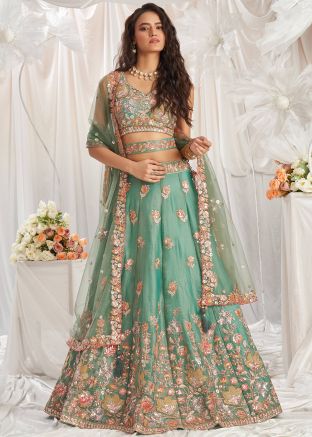 Green Embroidered Organza Lehenga Choli & Dupatta