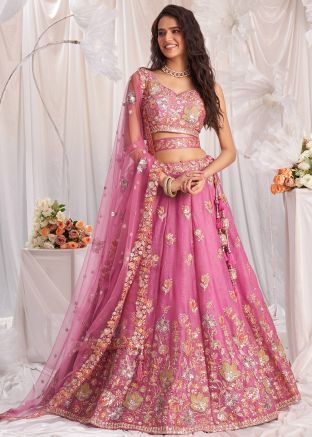 Pink Embroidered Organza Lehenga Choli & Dupatta