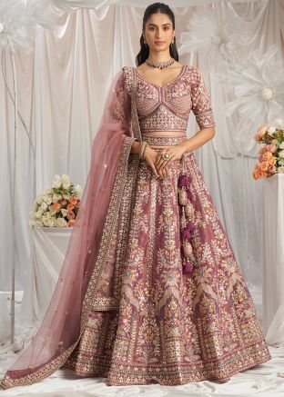 Mauve Pink Embroidered Tissue Lehenga Choli