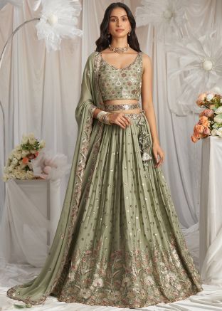 Green Embellished Lehenga Choli In Georgette