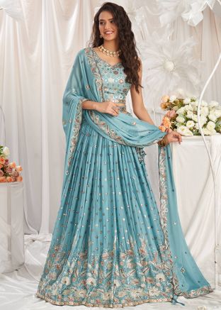 Blue Embroidered Lehenga Choli In Georgette