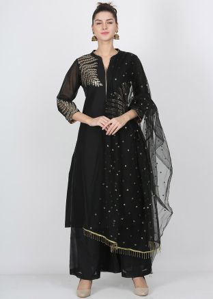Black Embroidered Readymade Chanderi Palazzo Suit