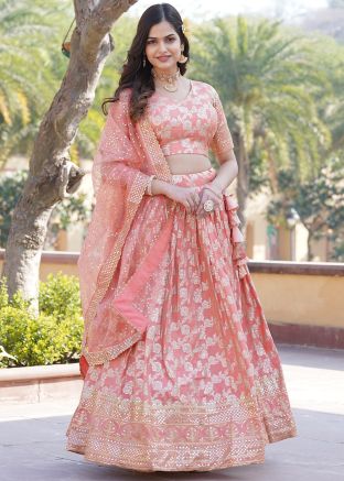 Peach Readymade Jacquard Lehenga Choli In Zari Woven