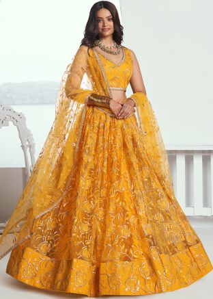 Yellow Embroidered Net Lehenga Choli Set