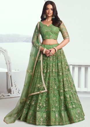 Green Embroidered Lehenga Choli In Net