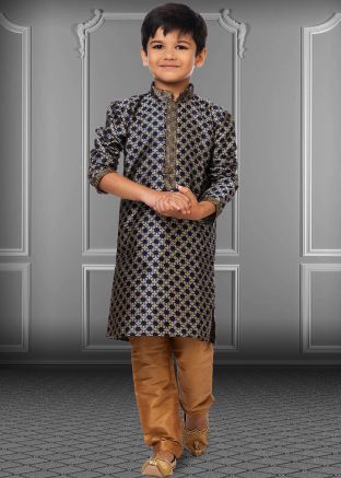 Blue Kids Kurta Pajama With Woven Motifs