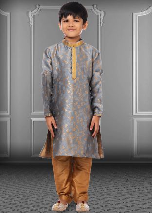Grey Jacquard Kids Woven Kurta Pajama Set