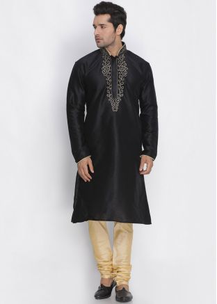 Black Dupion Silk Readymade Kurta Churidar