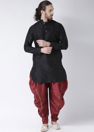 Dupion Silk Black Readymade Kurta Dhoti Set