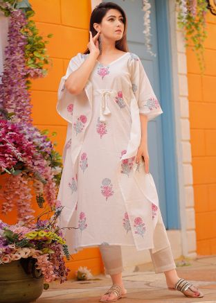 Off White Floral Hand Block Printed Kaftan Pant Set