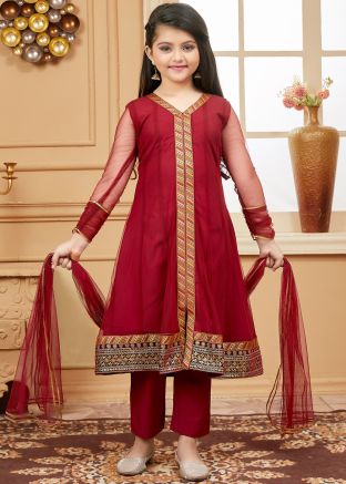Kids Maroon Readymade Salwar Kameez In Net