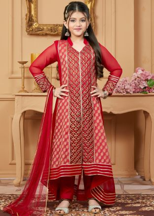 Red Readymade Kids Anarkali Suit In Georgette