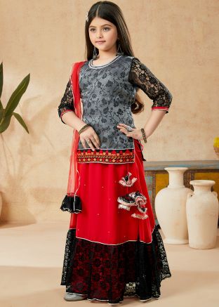 Readymade Grey Kids Kurti Style Lehenga Choli