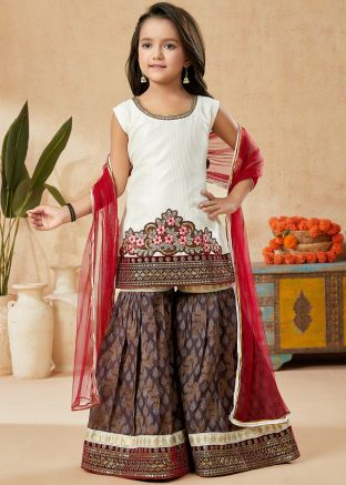 Readymade White Kids Embroidered Art Silk Salwar Kameez