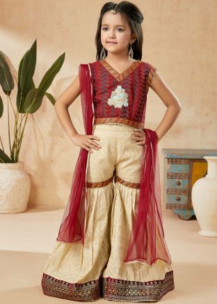 Readymade Maroon Kids Salwar Kameez In Silk