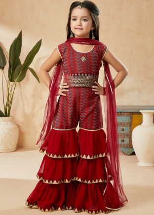 Maroon Kids Readymade Sharara Style Suit