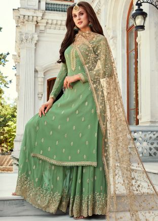 Green Georgette Embroidered Sharara Suit With Dupatta