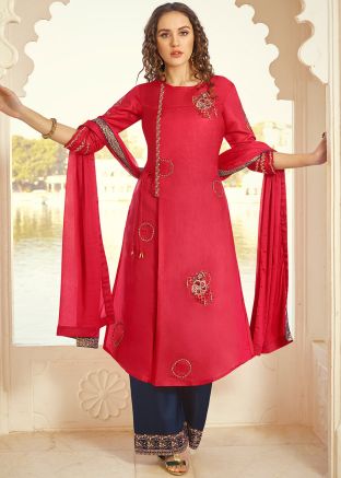Red Asymmetric Embroidered Tussar Silk Palazzo Suit