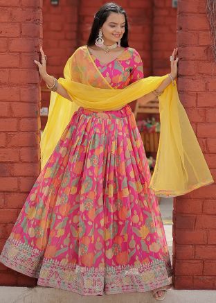 Pink Floral Printed Lehenga Choli In Organza