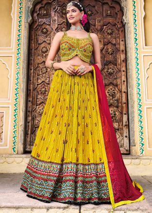 Yellow Readymade Pleated Style Lehenga Choli IN Chiffon