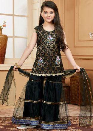 Readymade Black Embroidered Sharara Suit For Kids