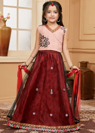Kids Peach Embroidered Readymade Lehenga Choli