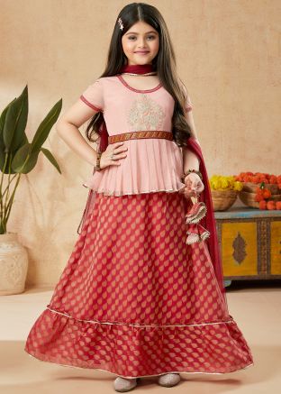 Peach Readymade Embroidered Kids Lehenga Set