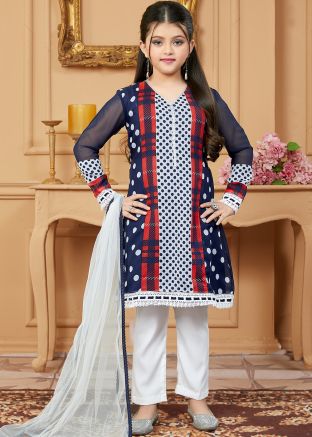 Navy Blue Readymade Printed Kids Pant Suit Set