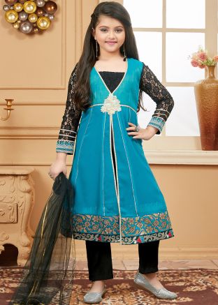 Green Readymade Kids Jacket Style Salwar Kameez