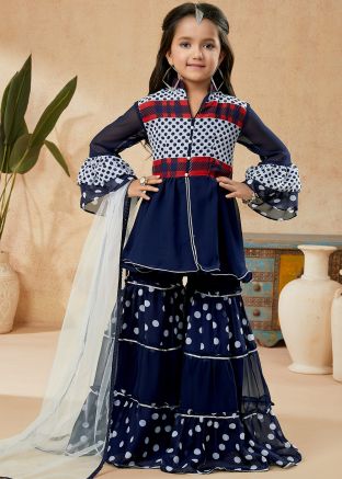 Navy Blue Printed Readymade Kids Sharara Set