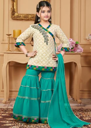 Readymade Beige Embroidered Sharara Suit For Kids