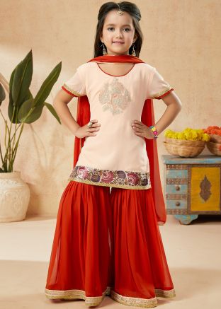 Readymade Kids Peach Embroidered Sharara Set