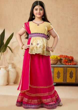 Readymade Beige Embroidered Lehenga Set For Kids