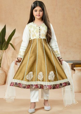 Readymade Brown Kids Woven Salwar Kameez