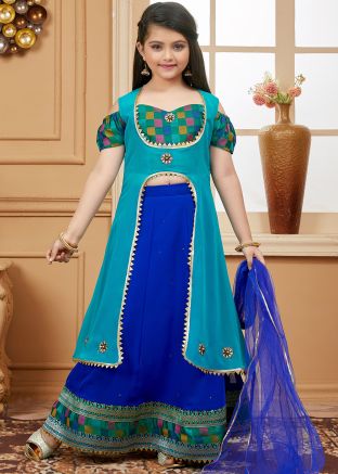 Readymade Green Kids Woven Jacket Style Lehenga Set