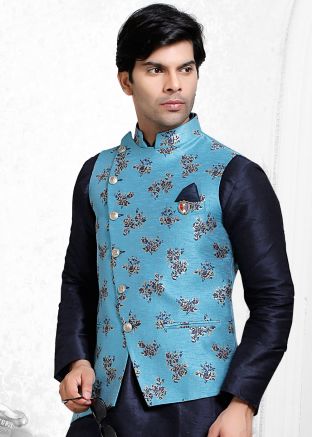 Blue Asymmetric Woven Readymade Nehru Jacket